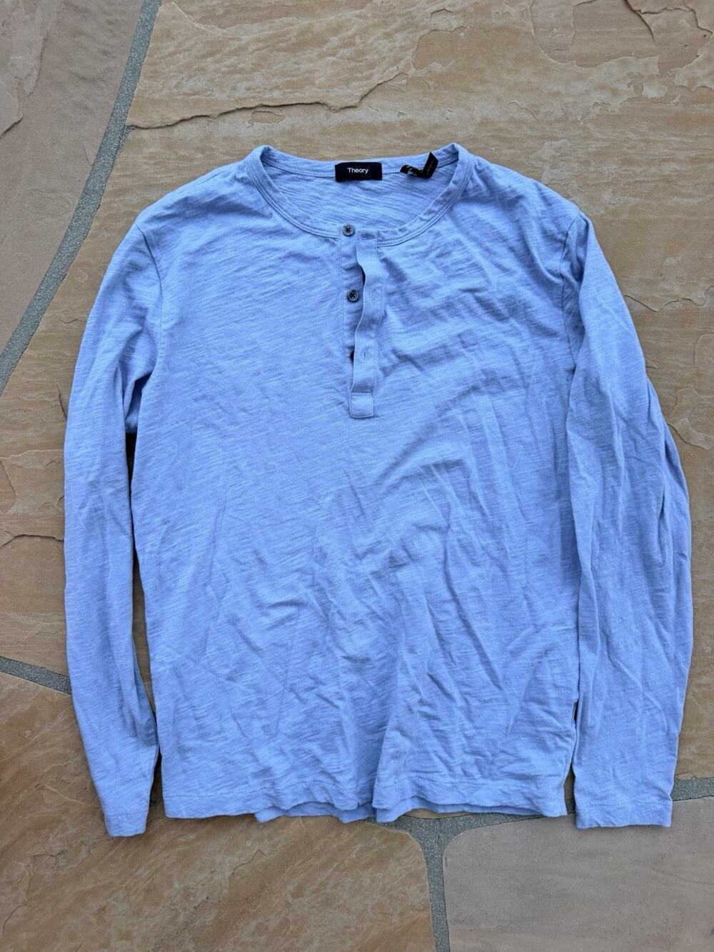 Theory Henley Shirt Mens L Pullover Long Sleeve Blue Soft Everyday Crew Neck CB